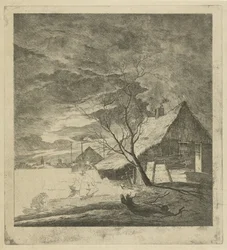 Night Landscape with Farmhouse and Skaters