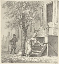 A Maid Cleaning Steps in Front of a House