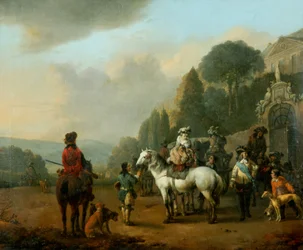 A Party of Falconers outside the Gates of a Chateau