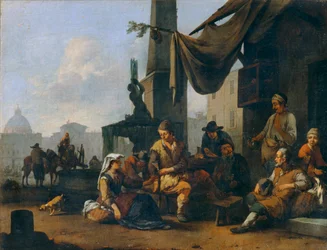 Italian peasants drinking at the door of a Roman inn