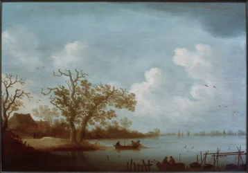 Dutch River Landscape with Farmhouses and Fishing Boats