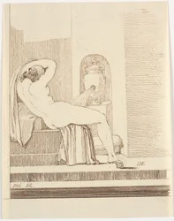 Nude Woman with Garment Seen from Behind, in Front of a Fountain