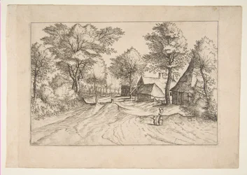 Village Road with a Farm and Sheds, from the series, The Small Landscapes Multifariaru..., 1559-61