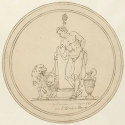 Allegorical Male Figure Standing with Two Lions