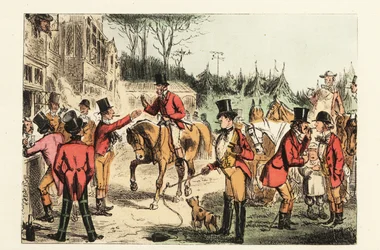 A huntsman in hunting pinks joins others drinking and smoking before a hunt