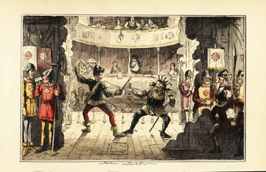 Actors Playing Henry Tudor Fighting King Richard III of England on Stage in a Theatre