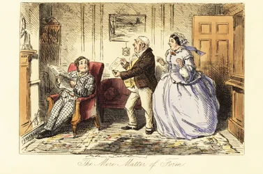 English gentleman lounging in a parlour in front of the fireplace with his outraged parents