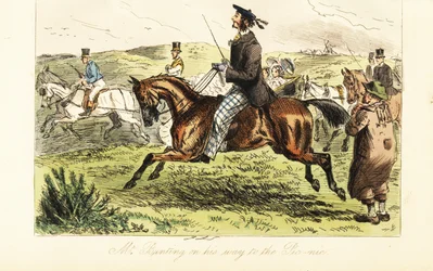 English gentleman with whiskers in tam o’shanter cap riding a horse on his way to a picnic in the country