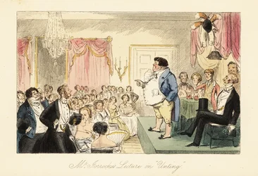 English grocer giving a lecture on hunting in a large room in the Dragon tavern