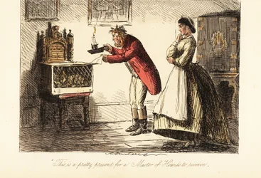 English huntsman in hunting pinks and boots examining a fox in a cage by candlelight