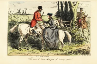 Gentleman on an Old Nag and Lady on a Pony Meet Up During a Fox Hunt