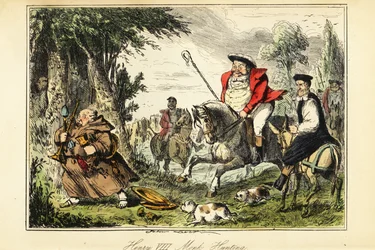 King Henry VIII in Victorian Hunting Outfit with a Shepherd’s Crook on Horseback Chasing a Catholic Monk Fleeing with the Church Gold
