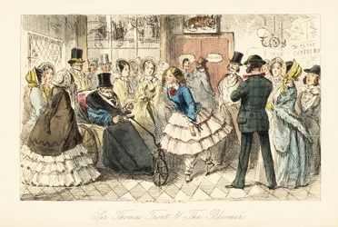 Old gentleman with gout in an invalid chair talking with a young woman in bloomers