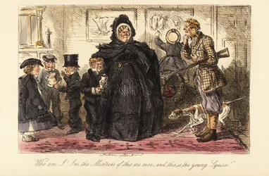 Sporting man with gun, gaiters and hound surprised by his guests