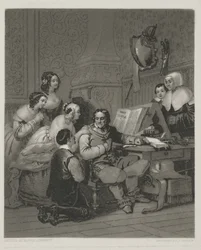 The Family of Cromwell Interceding for The Life of Charles I, print made by Alfred Johannot