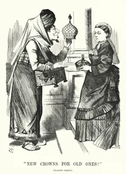 Punch cartoon: New Crowns for Old Ones. Benjamin Disraeli (as Aladdin) with Queen Victoria - the Royal Titles Act 1876 recognising the Queen as Empress of India (engraving)