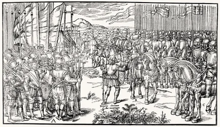 The English Army is Drawn Up for Battle, While Sidney Himself Parleys with a Defiant Messenger from the Irish, Plate 7 from 