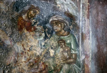 Fresco of Holy Family, Byzantine Church of Ayios Stephanos, Drakona, Crete, Greece