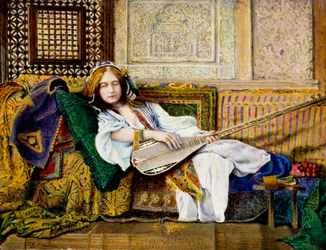 In the Harem, Woman Dressed in Oriental Style Reclining on a Divan, Holding a Cistre (Lute)