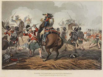 French Cuirassiers in the battle of Waterloo charged and defeated by the Highlanders and Scotch Greys, engraved by M. Dubourg, 1819