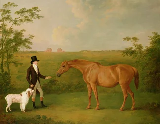 A Gentleman with a White Dog and a Chestnut Mare in a Landscape