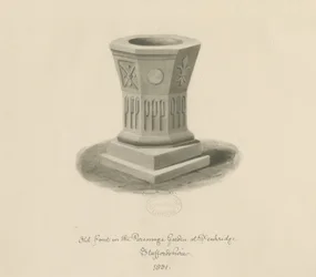 Penkridge - Font in Parsonage Garden: sepia drawing