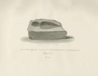 Standon Church: Ancient Stone Coffin: sepia drawing