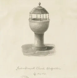 Font in Draycott in the Moors Church: sepia drawing