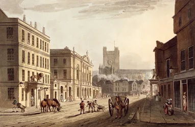 View of the Town Hall, Market and Abbey Church, from 