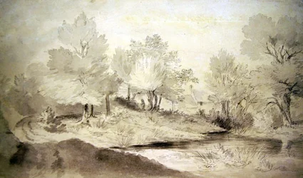 A Suffolk Pond, with Cottages in the Distance
