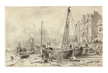 Beached fishing boats with fishermen mending nets on the beach at Brighton, looking West, c.1824-28