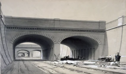 View near Euston Station with three overbridges, September 1837