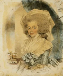 Portrait of Queen Charlotte, Small Half Length Wearing a Blue and White Dress, Her Crown Beside Her