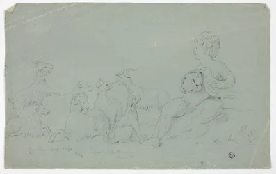 Antique Bas-Relief with Seated Boy Holding Falcon and Accompanied by Dog, Sheep, and Goats