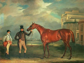 General Chasse, a chestnut racehorse being held by his trainer, with his jockey, J. Holmes standing by on Aintree racecourse, 1835