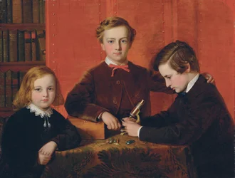 The Young Microscopists: Portrait of Frank, Harry and Arthur Izod Richards, Aged 10, 8 and 5, Playing with a Microscope