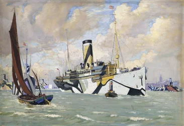 An Auxiliary Armed Cruiser Bringing a Convoy of American Troops into the Thames