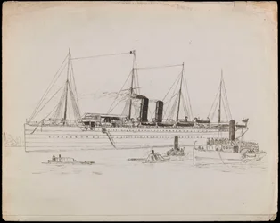 Steam Vessel Near a Coast with Tug Alongside. Passenger Liner with Tug, and Paddle Steamer Tilbury Nearby