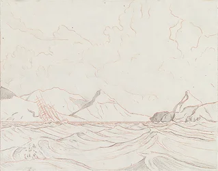 Seascape with vessel passing land