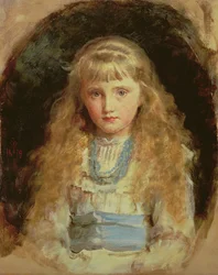 Portrait of Beatrice Caird Wearing a White Dress with a Blue Sash