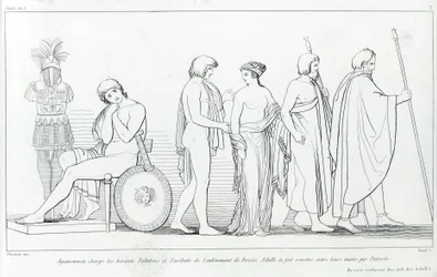 Agamemnon charged the heralds Taltibius and Euribat with the abduction of Briseis; Achilles had it handed over to their hands by Patroclus. Drawing by John Flaxman (1755 - 1826). Homer