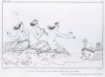 Mermaids seek by their song to attract Ulysses. Drawing by John Flaxman. Homer