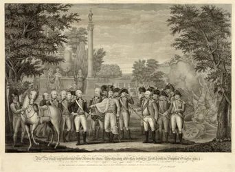 The British surrendering their Arms to Gen. Washington after their defeat at York Town in Virginia October 1781, pub. 1819 (engraving)
