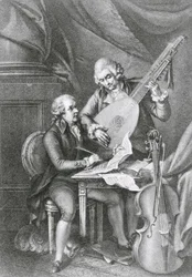 Portrait of Franz Joseph Haydn and Wolfgang Amadeus Mozart composing music for the lute, engraved by Michele Benedetti