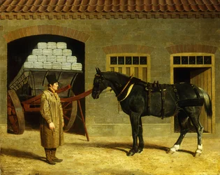 A Cart Horse and Driver Outside a Stable