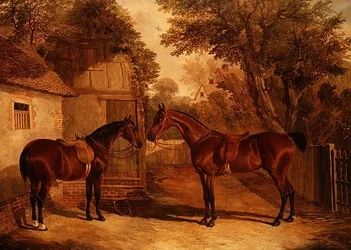Bay Hunters Outside a Farmhouse