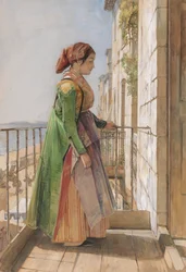 A Greek Girl Standing on a Balcony