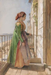 A Greek Girl Standing on a Balcony