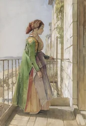 A Greek Girl Standing on a Balcony