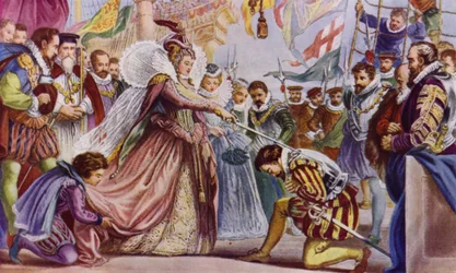 Queen Elizabeth I knighting Sir Francis Drake on board his ship, the Golden Hind, Deptford, 1581